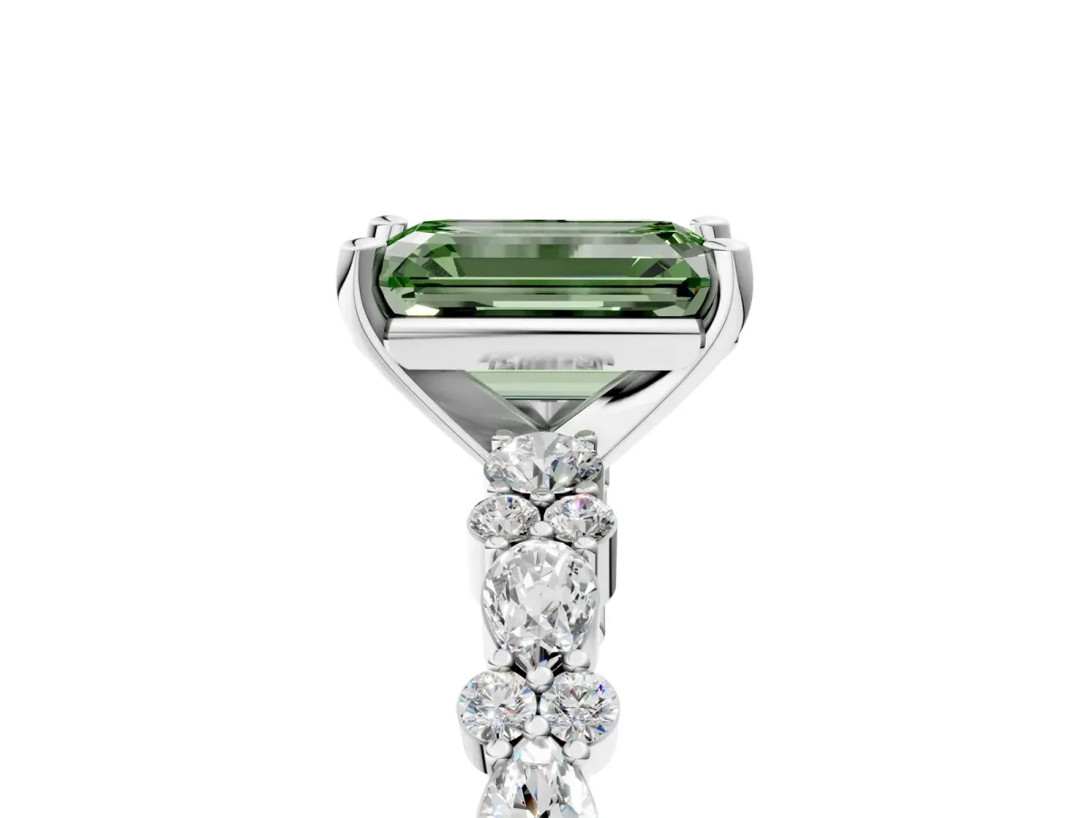 Fancy Green Emerald Cut Diamond Side Stone Solitaire Ring with Round and Four-Prong Setting White gold