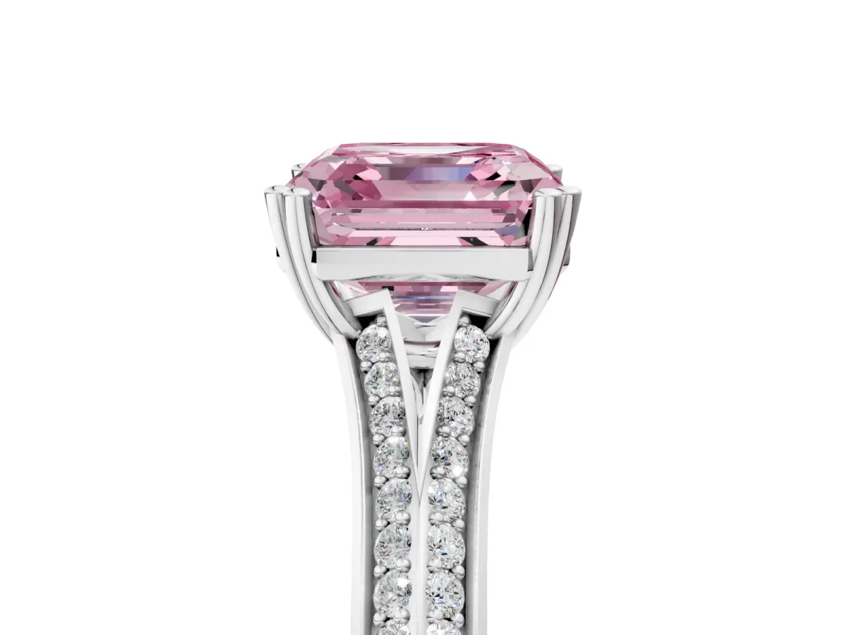 Fancy Pink Asscher Cut Diamond Split Shank Engagement Ring with Pavé Band Platinum