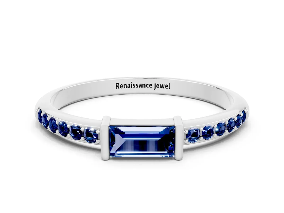 Baguette Blue Sapphire Pavé Band with Bar Setting White gold