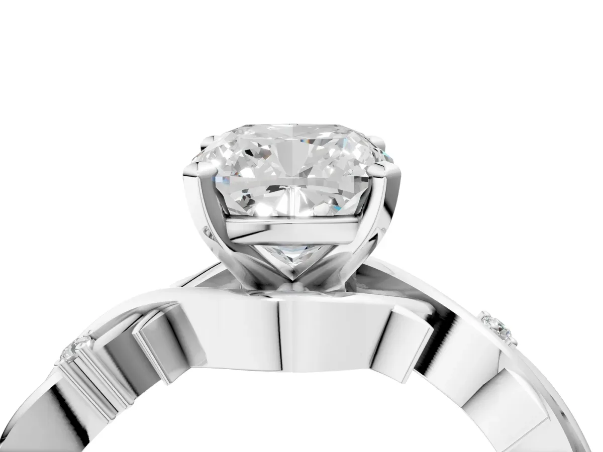 Cushion Cut Diamond Solitaire Ring with Twisted Band and Prong Setting Silver