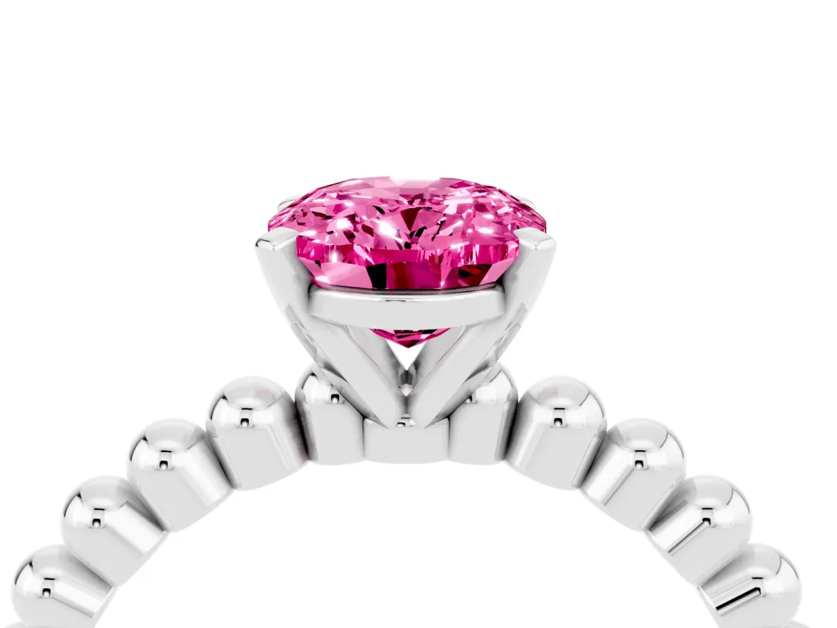 Oval Cut Pink Sapphire Solitaire Ring with Beaded Band and Prong Setting Silver