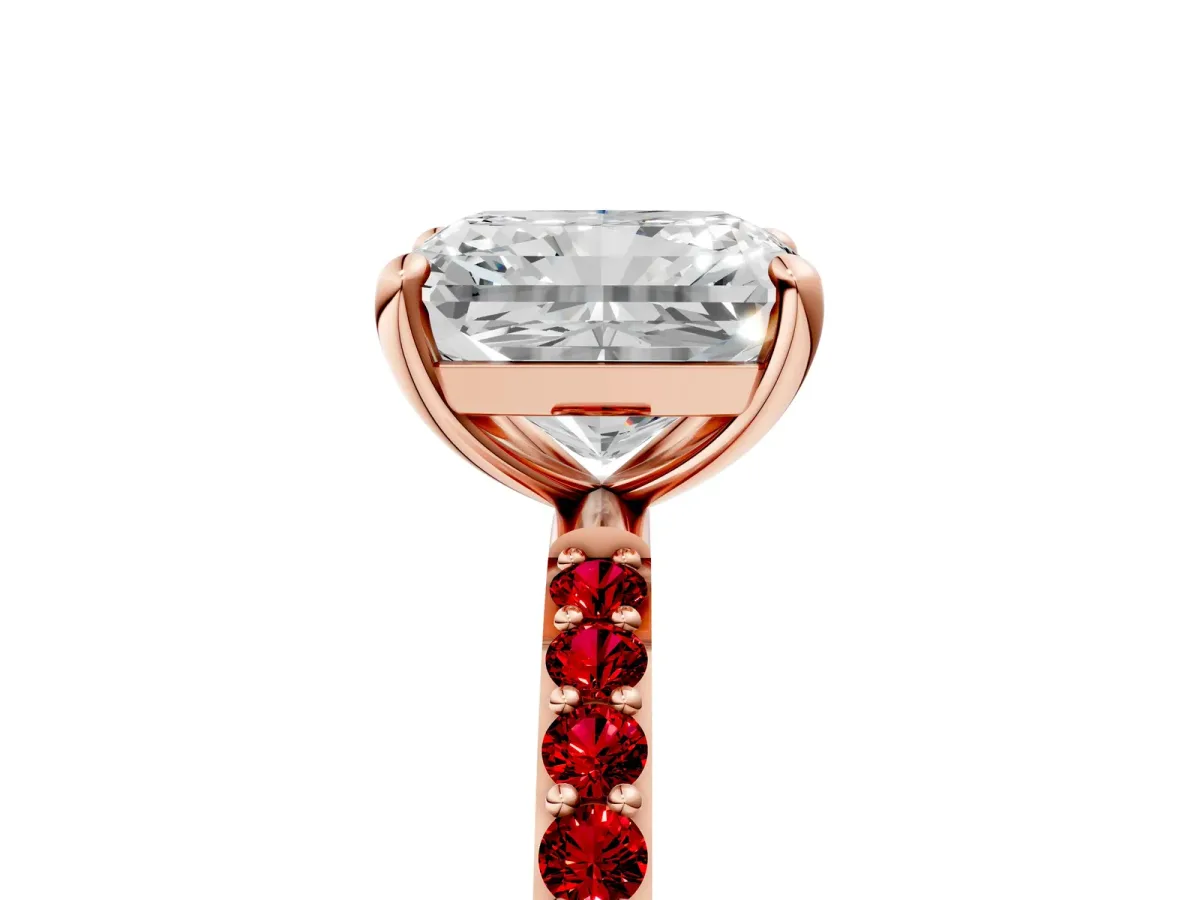 Radiant Cut Diamond Solitaire Ring with Round Ruby Pavé Band and Prong Setting Rose gold