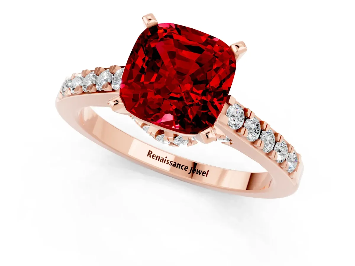 Cushion Cut Ruby Solitaire Ring with Crossover Gallery and Round Pavé Band Rose gold