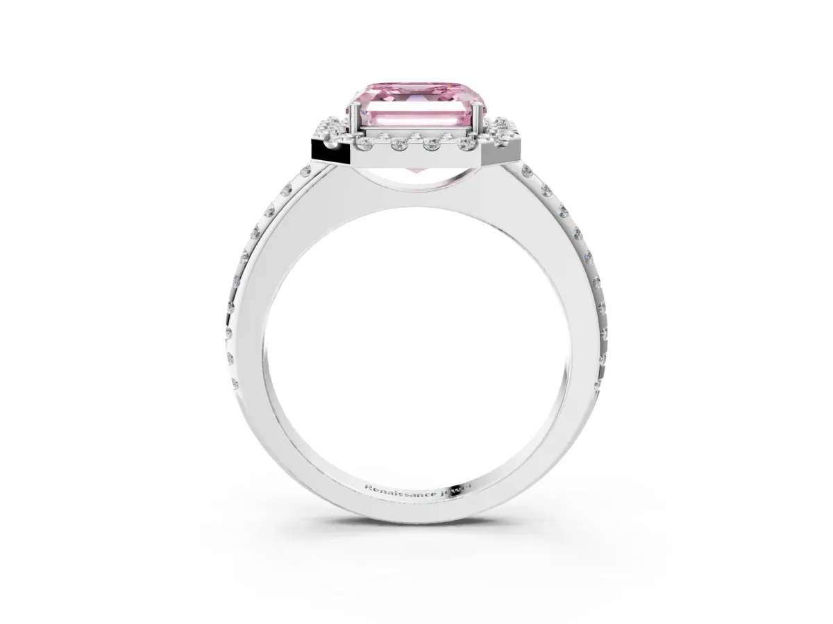 Fancy Pink Asscher Cut Diamond Pavé Halo Ring with Four-Prong Setting Platinum