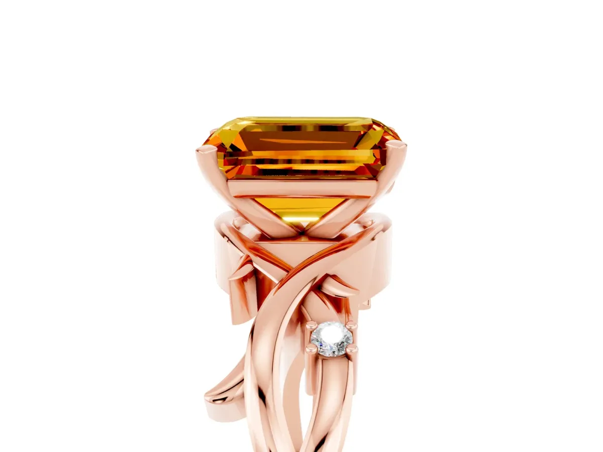 Emerald Cut Citrine Solitaire Ring with Twisted Band and Prong Setting Rose gold