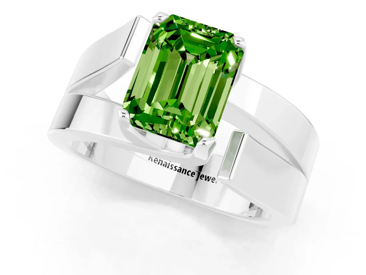 Modern Tension Set Emerald Cut Peridot Solitaire Wide Band Ring Silver