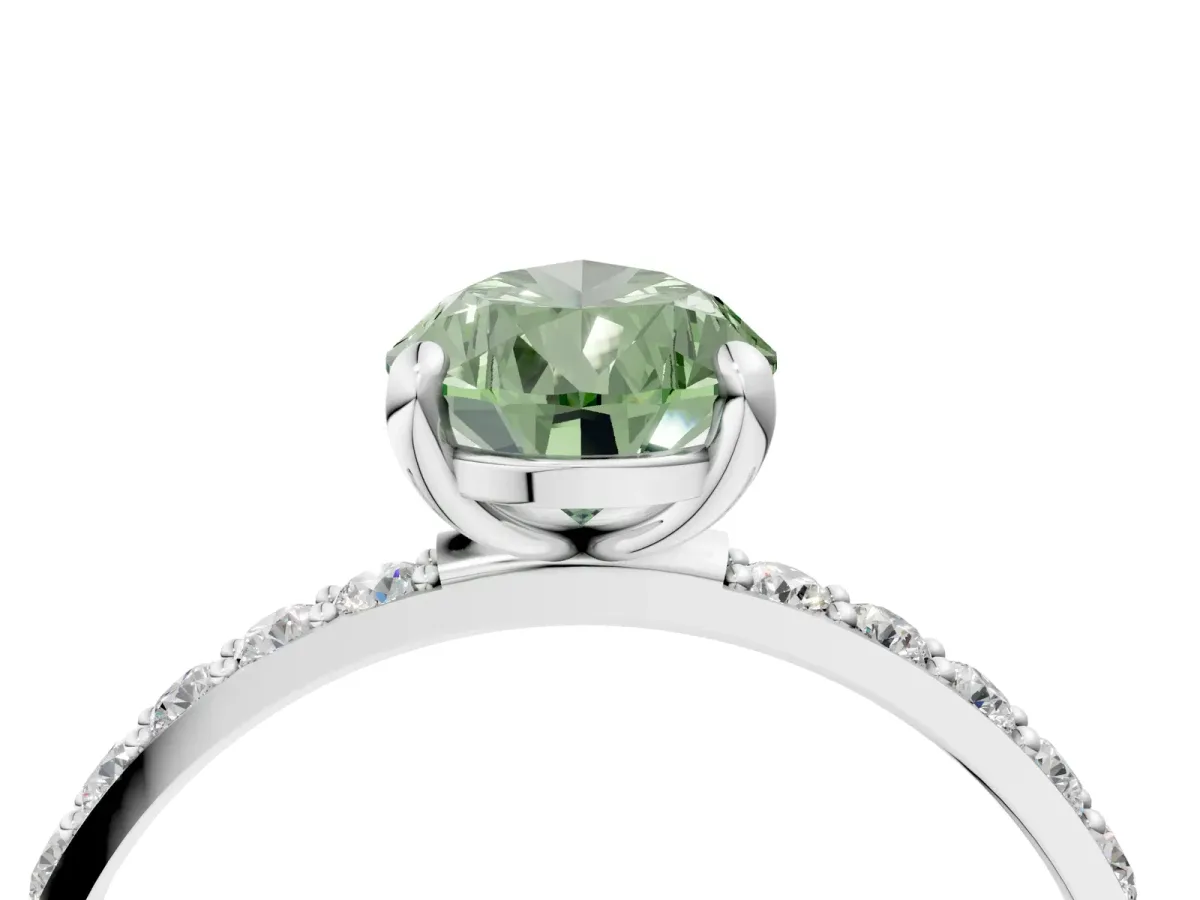 Fancy Green Pear Cut Diamond Solitaire Ring with Round Pavé Band and Prong Setting Silver