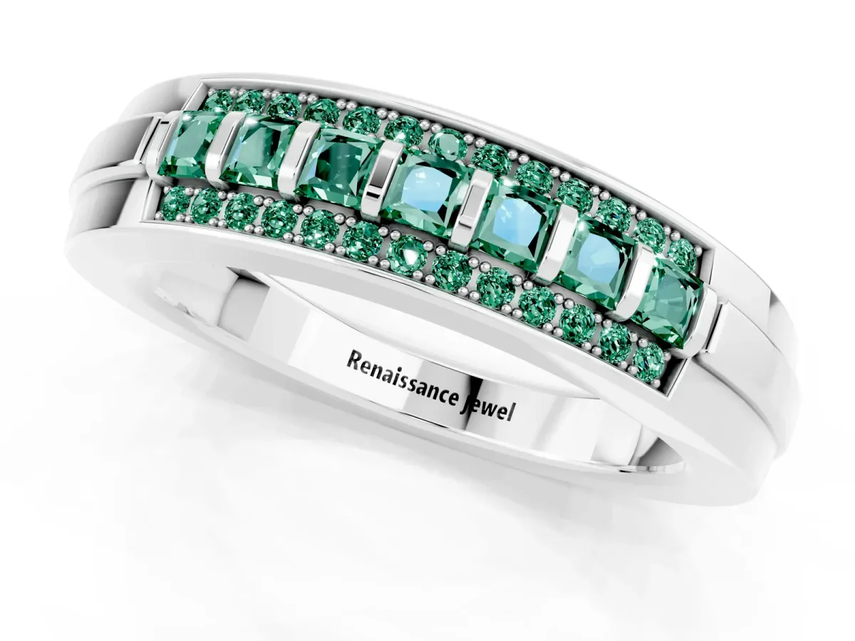 Bar-Set Princess Cut Green Sapphire Pavé Band Platinum