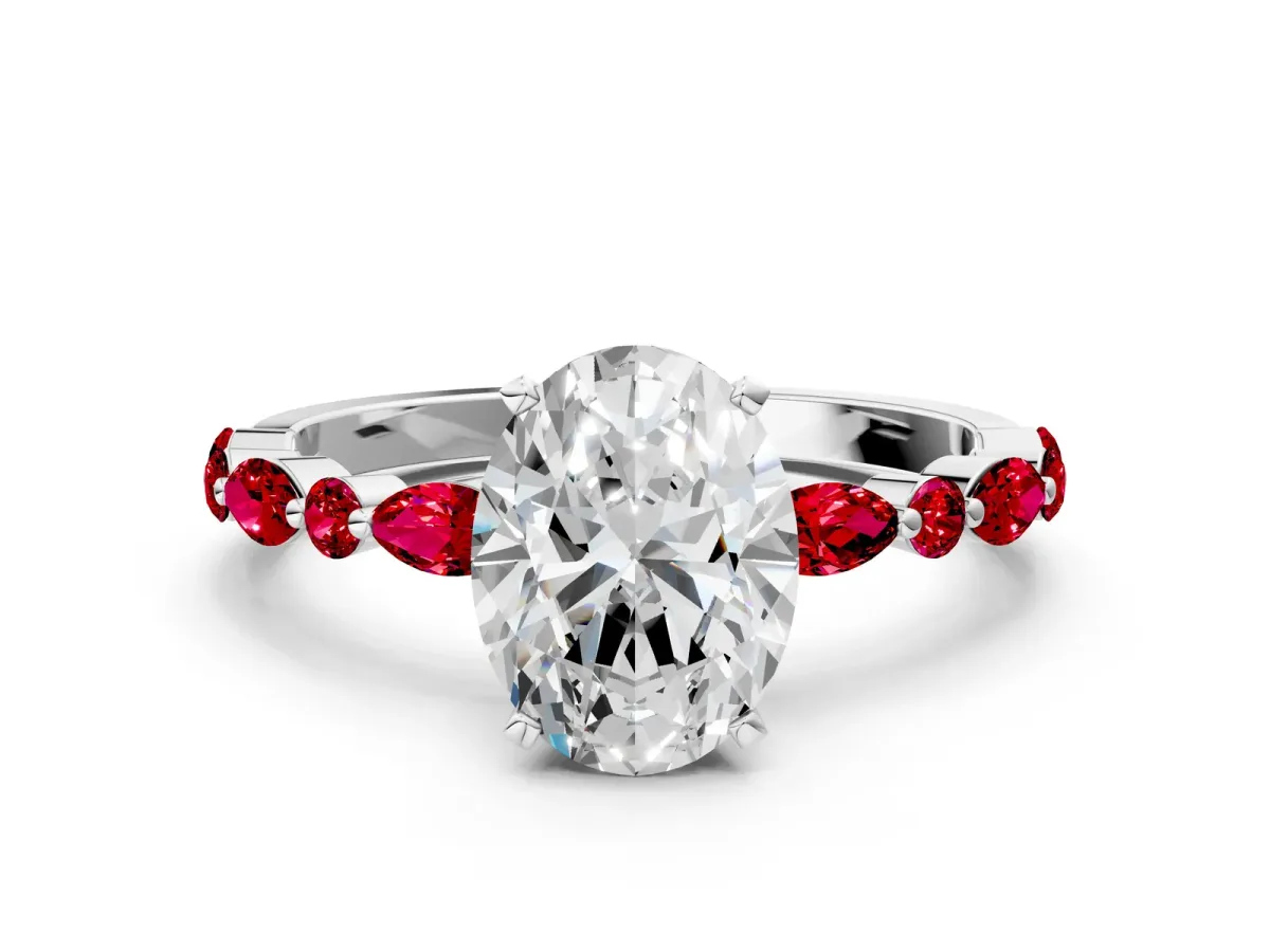 Oval Cut Diamond Ring with Marquise and Round Ruby Side Stones and Four-Prong Setting Platinum