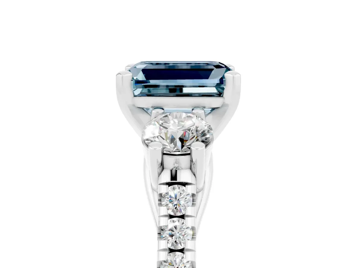 Three-Stone Emerald Cut Aquamarine Pavé Band with Four-Prong Setting Silver