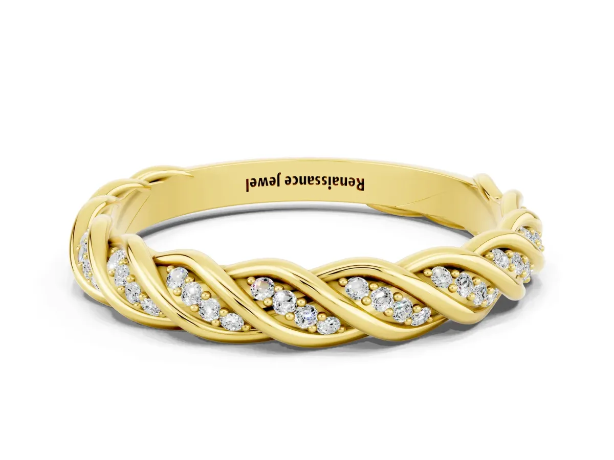 Twisted Pavé Round Moissanite Eternity Band with Shared Prong Setting Yellow gold
