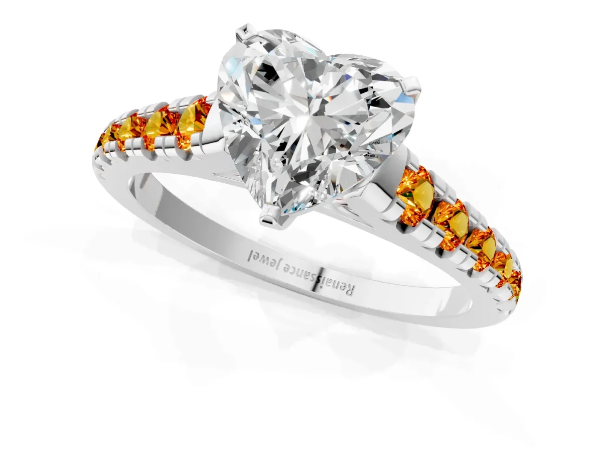 Heart Cut Diamond Cathedral Solitaire Ring with Round Citrine Pavé Band Silver