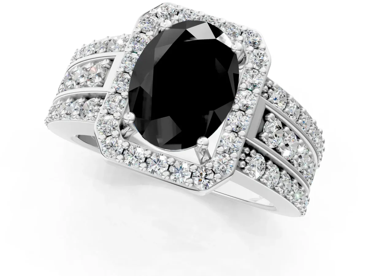 Fancy Black Oval Cut Halo Diamond Ring with Round Split Shank and Prong Setting Silver