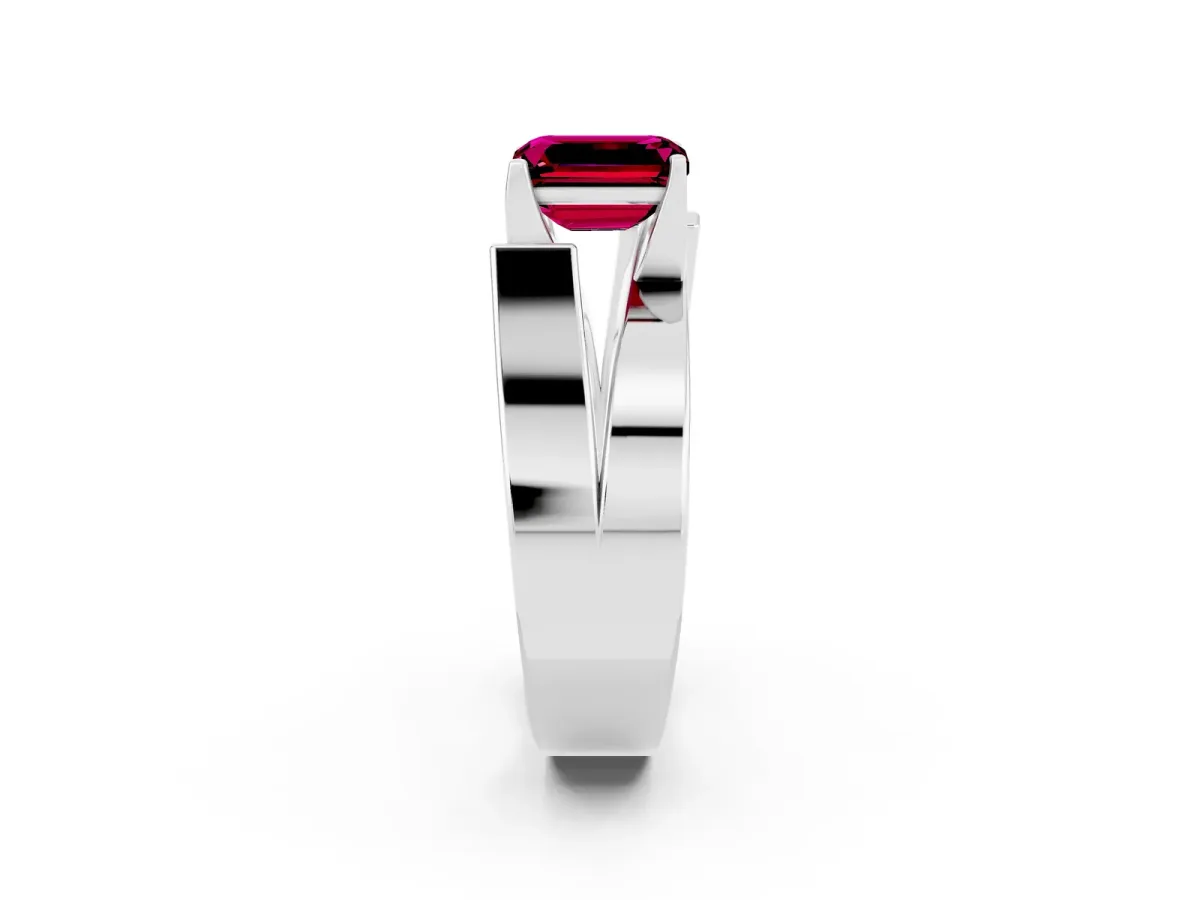 Modern Tension Set Emerald Cut Garnet Solitaire Wide Band Ring Platinum