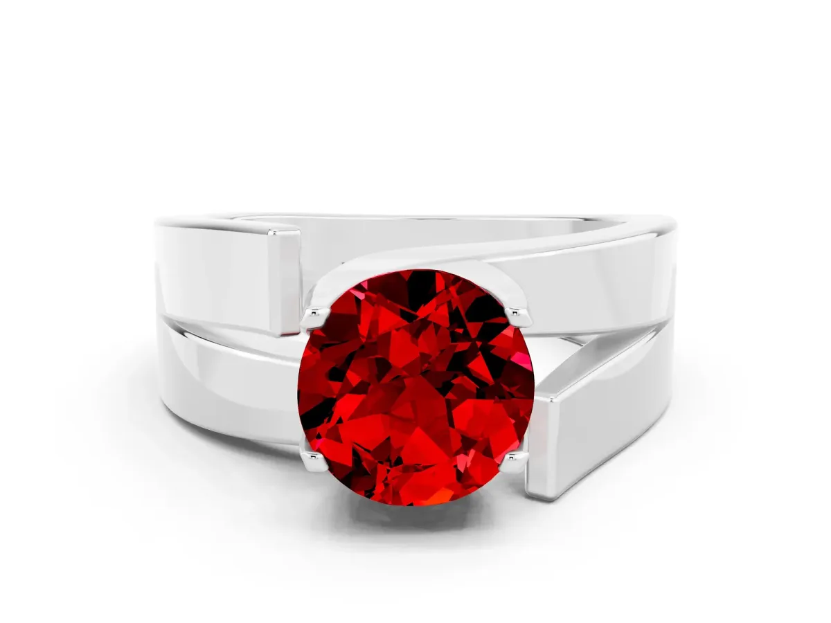 Modern Tension Set Round Cut Ruby Solitaire Wide Band Ring Silver