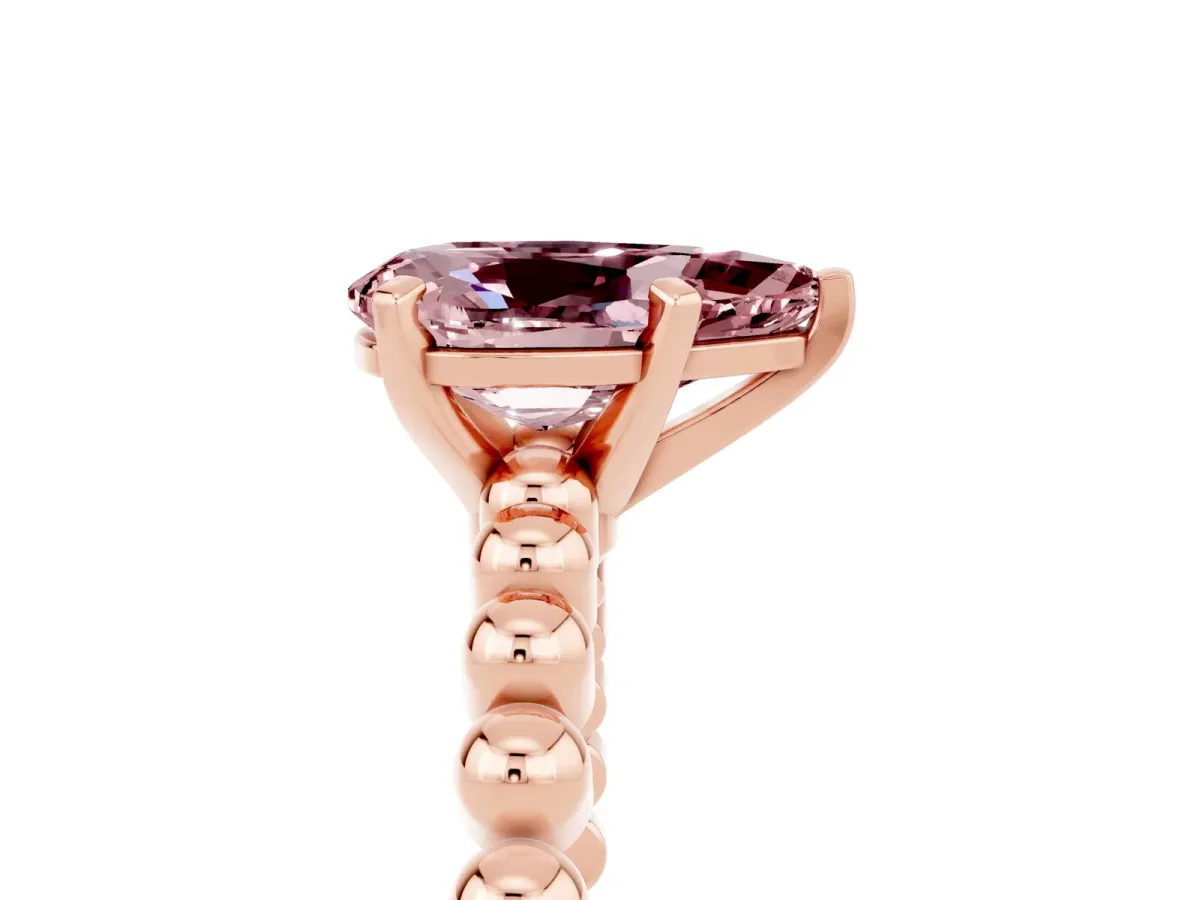 Pear Cut Morganite Solitaire Ring with Beaded Band and Prong Setting Rose gold