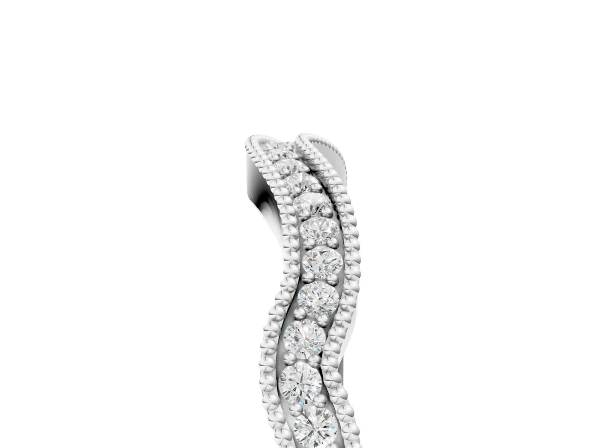 Pavé Round Diamond Curved Milgrain Band Silver