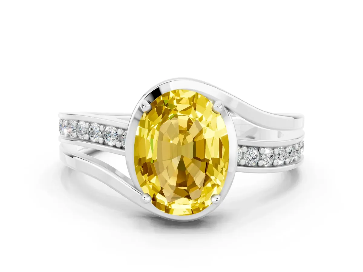 Oval Cut Yellow Sapphire Solitaire Ring with Split Shank and Prong Setting White gold