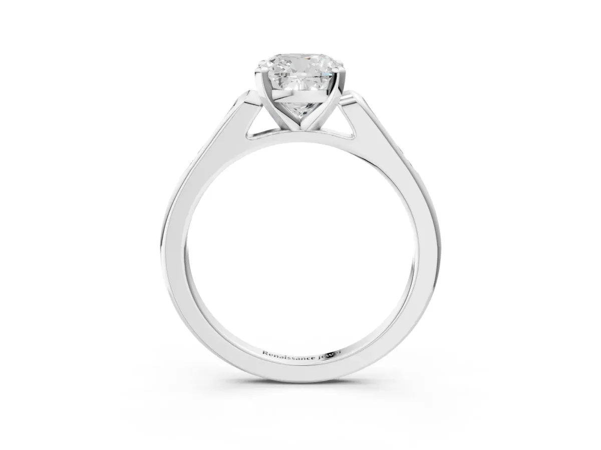 Cushion Cut Diamond Solitaire Ring with Channel Set Round Band and Prong Setting Silver