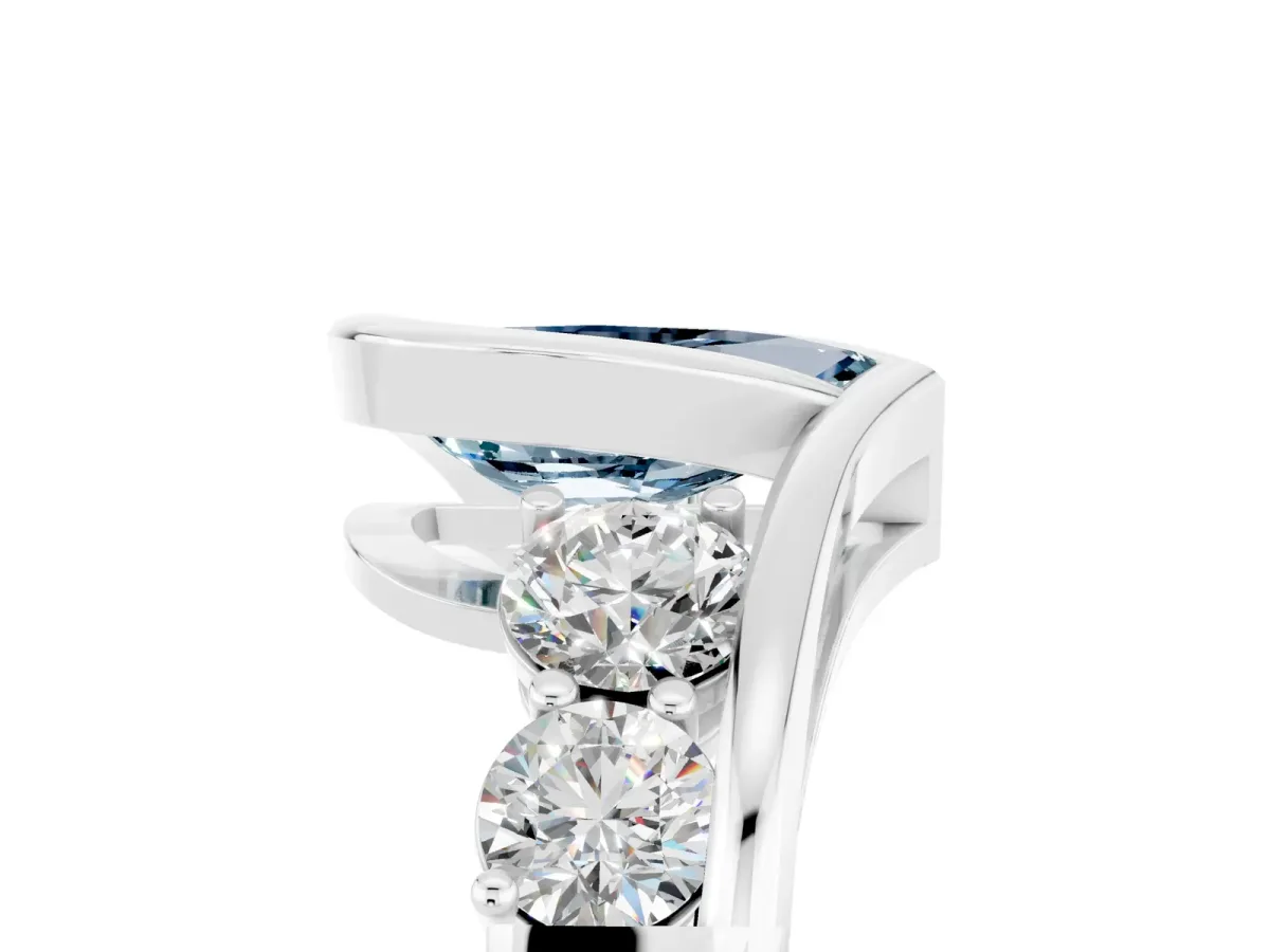 Bezel Set Pear Cut Aquamarine Bypass Ring with Round Accents Silver