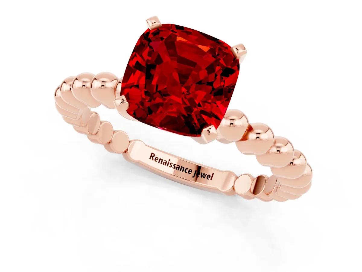 Cushion Cut Ruby Solitaire Ring with Beaded Band and Prong Setting Rose gold