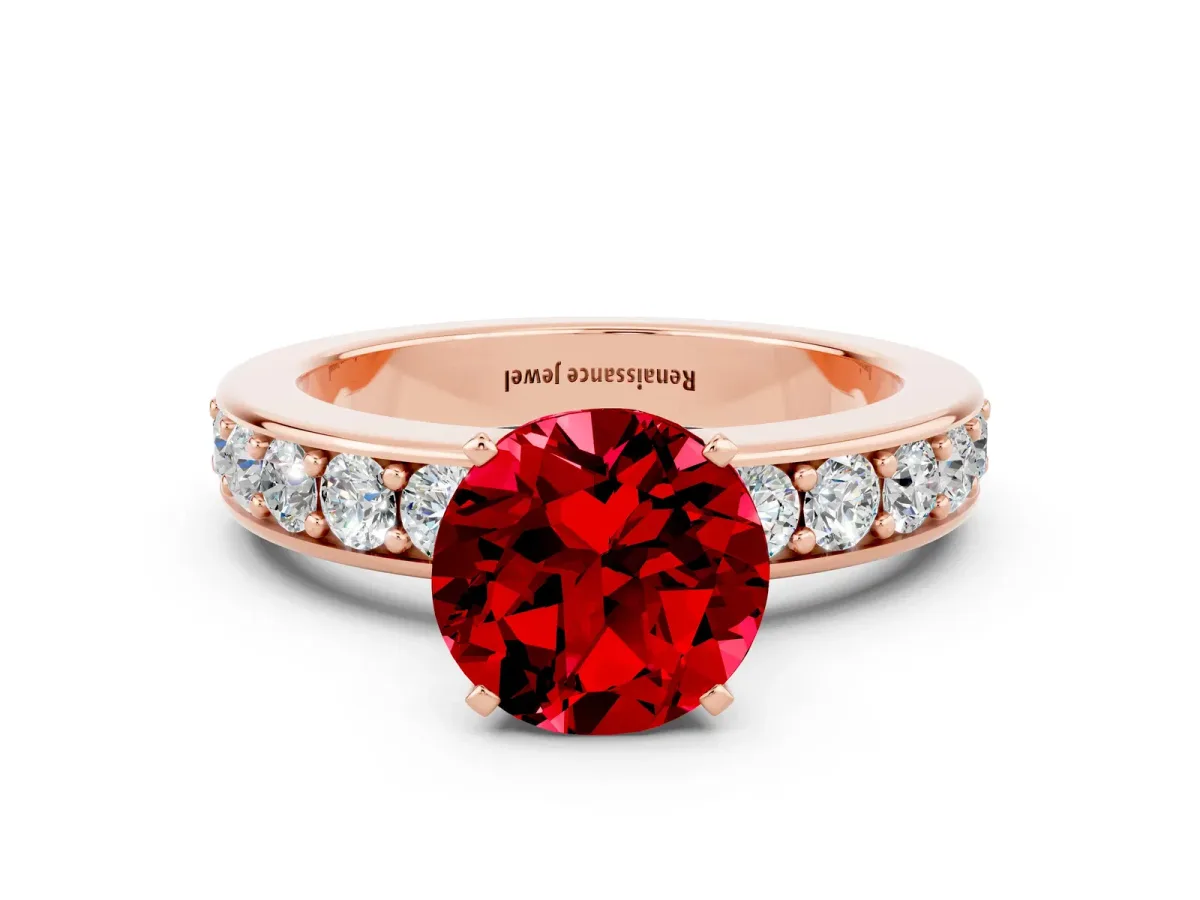 Round Cut Ruby Engagement Ring with Channel Set Round Band and Prong Setting Rose gold