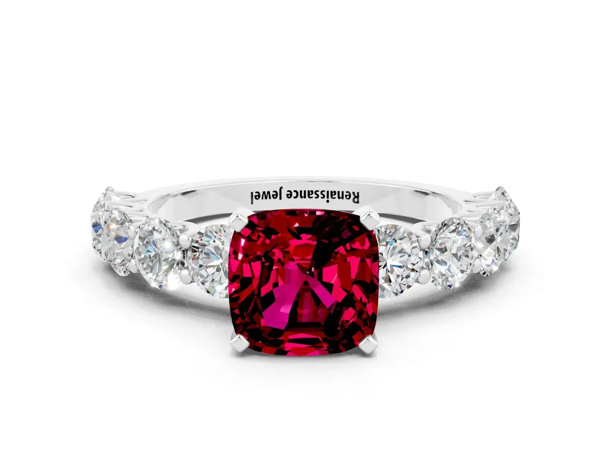 Cushion Cut Garnet Prong Setting with Side Stones on a Pave Band Silver