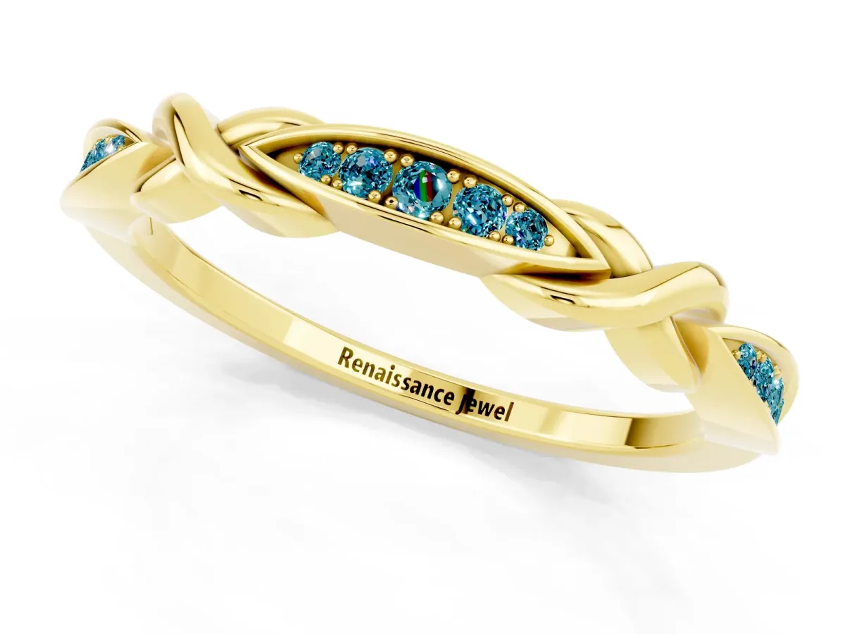 Twisted Marquise Blue Topaz Pavé Band with Shared Prong Setting Yellow gold