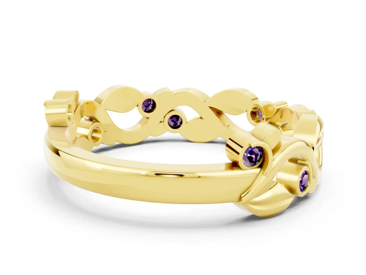 Round Amethyst Leaf Eternity Band with Bezel Setting Yellow gold