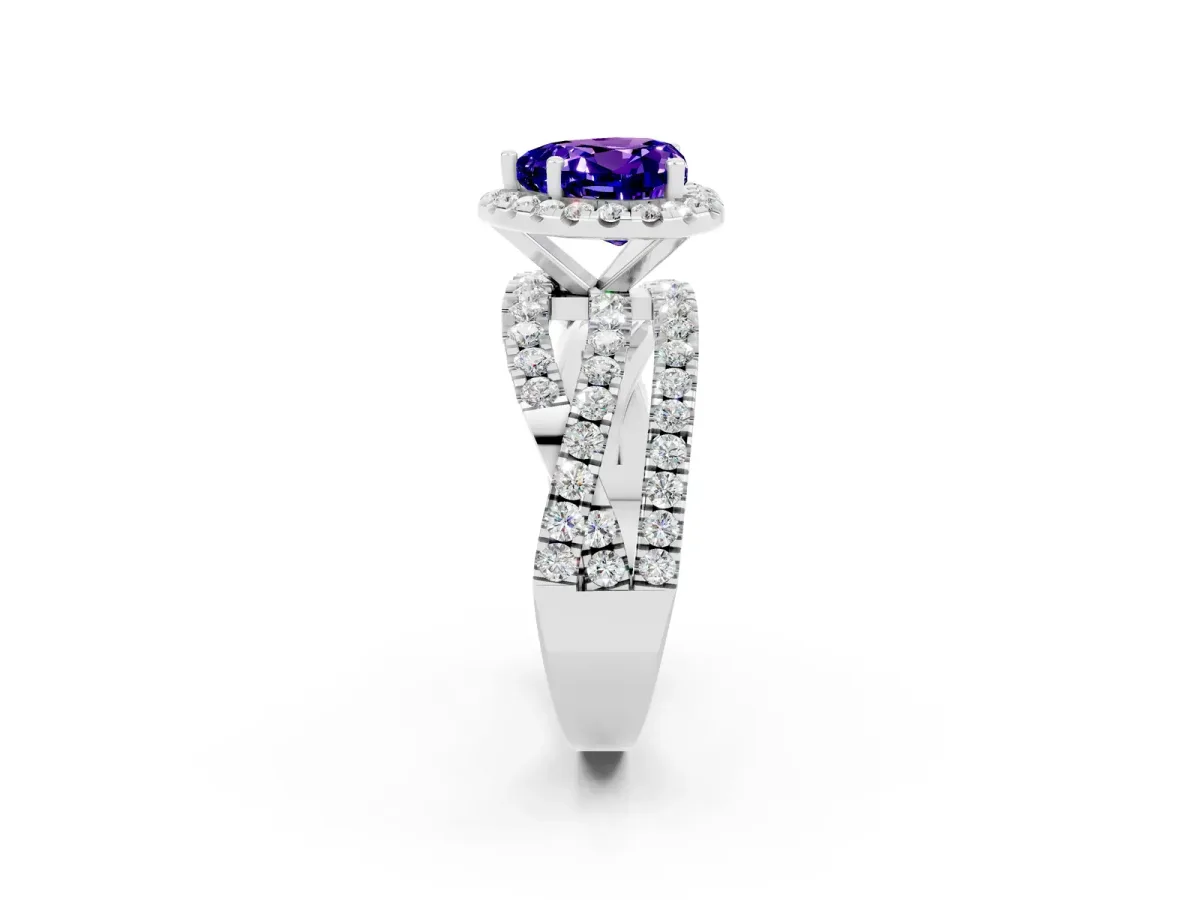 Heart Cut Tanzanite Halo Ring with Round Split Shank and Prong Setting Platinum