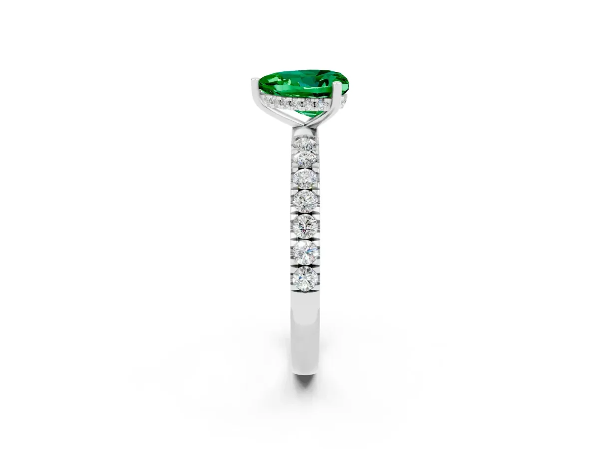 Heart Cut Emerald Pave Band Solitaire Ring with Round and Prong Setting Silver