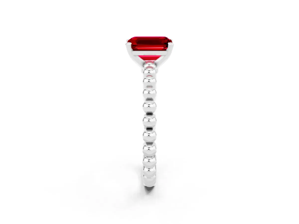 Emerald Cut Ruby Solitaire Ring with Beaded Band and Prong Setting Silver