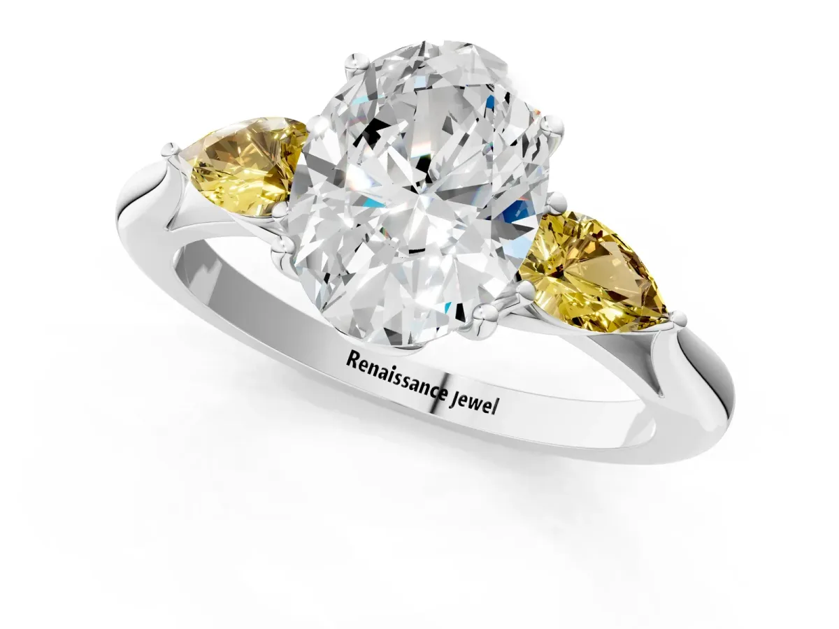 Oval Cut Diamond Three-Stone Ring with Pear Yellow Sapphire Side Stones and Prong Setting Silver