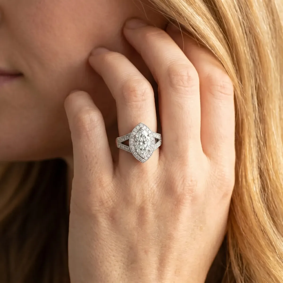 Marquise Cut Halo Split Shank Diamond Ring with Milgrain Prong Setting Platinum