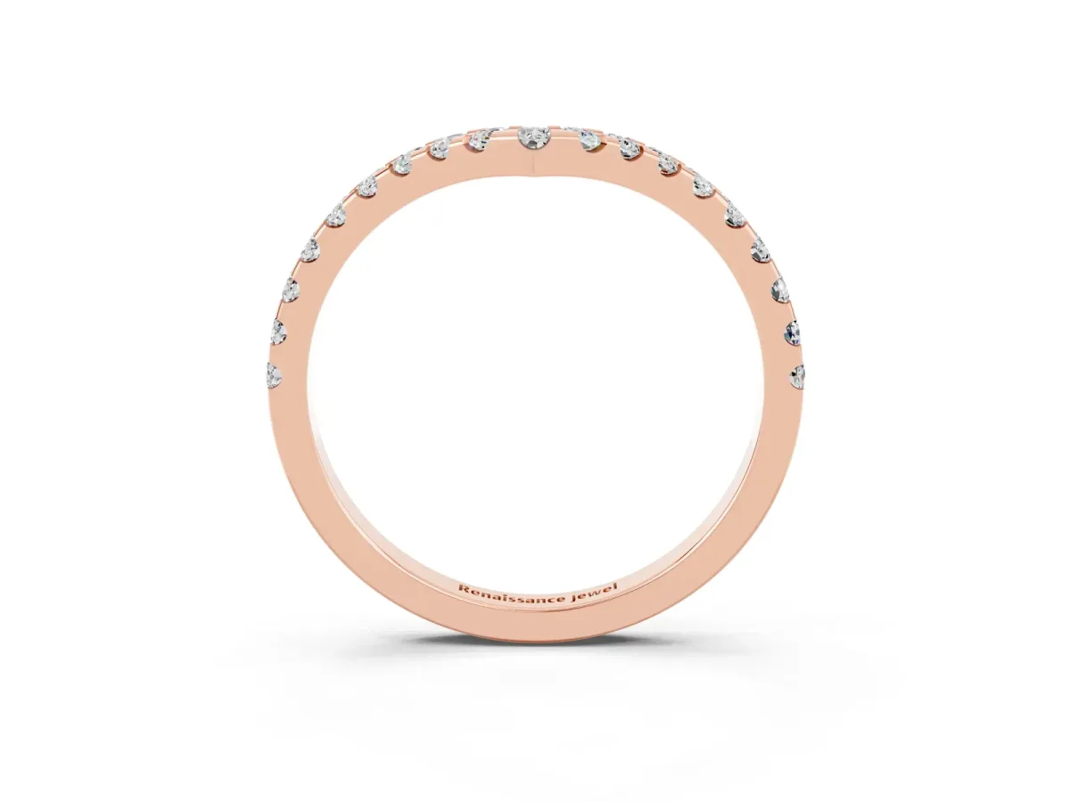 Pavé Round Moissanite Chevron Band with Shared Prong Setting Rose gold