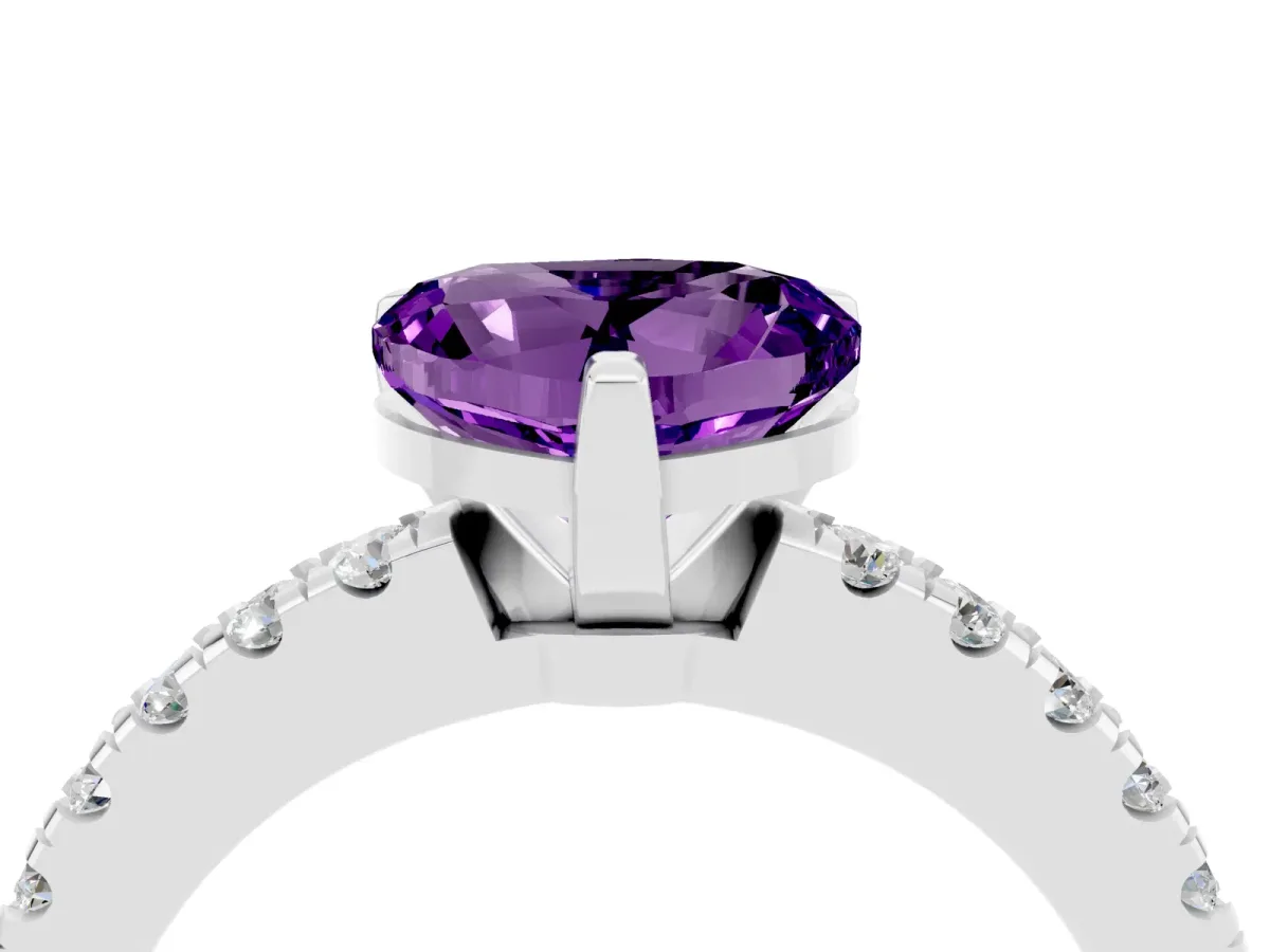 Heart Cut Solitaire Amethyst with Pavé Band and Four-Prong Setting Silver