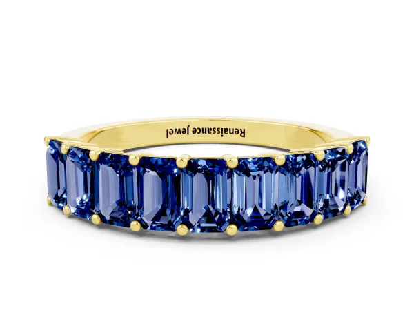 Emerald Cut Blue Sapphire Prong-Set Eternity Band Yellow gold