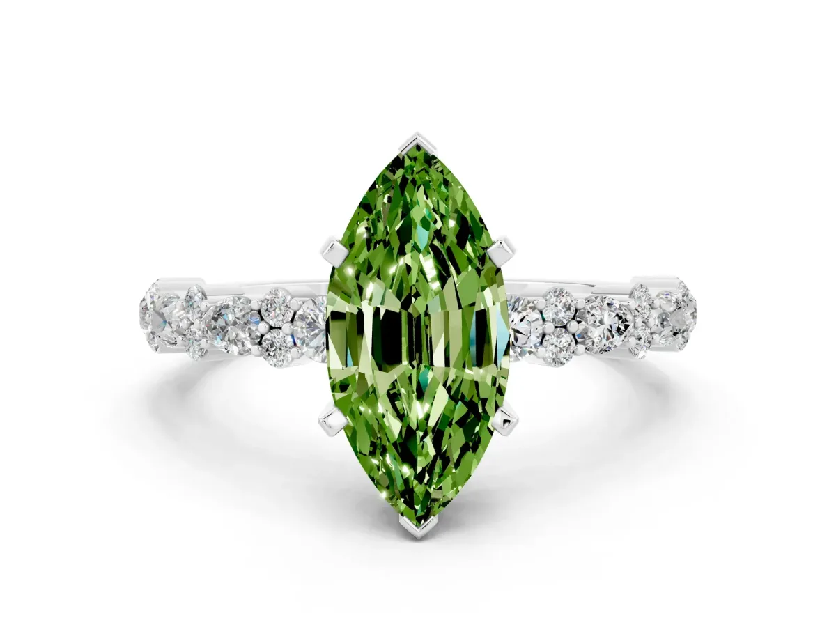 Marquise Cut Peridot Side Stone Solitaire Ring with Round and Four-Prong Setting White gold