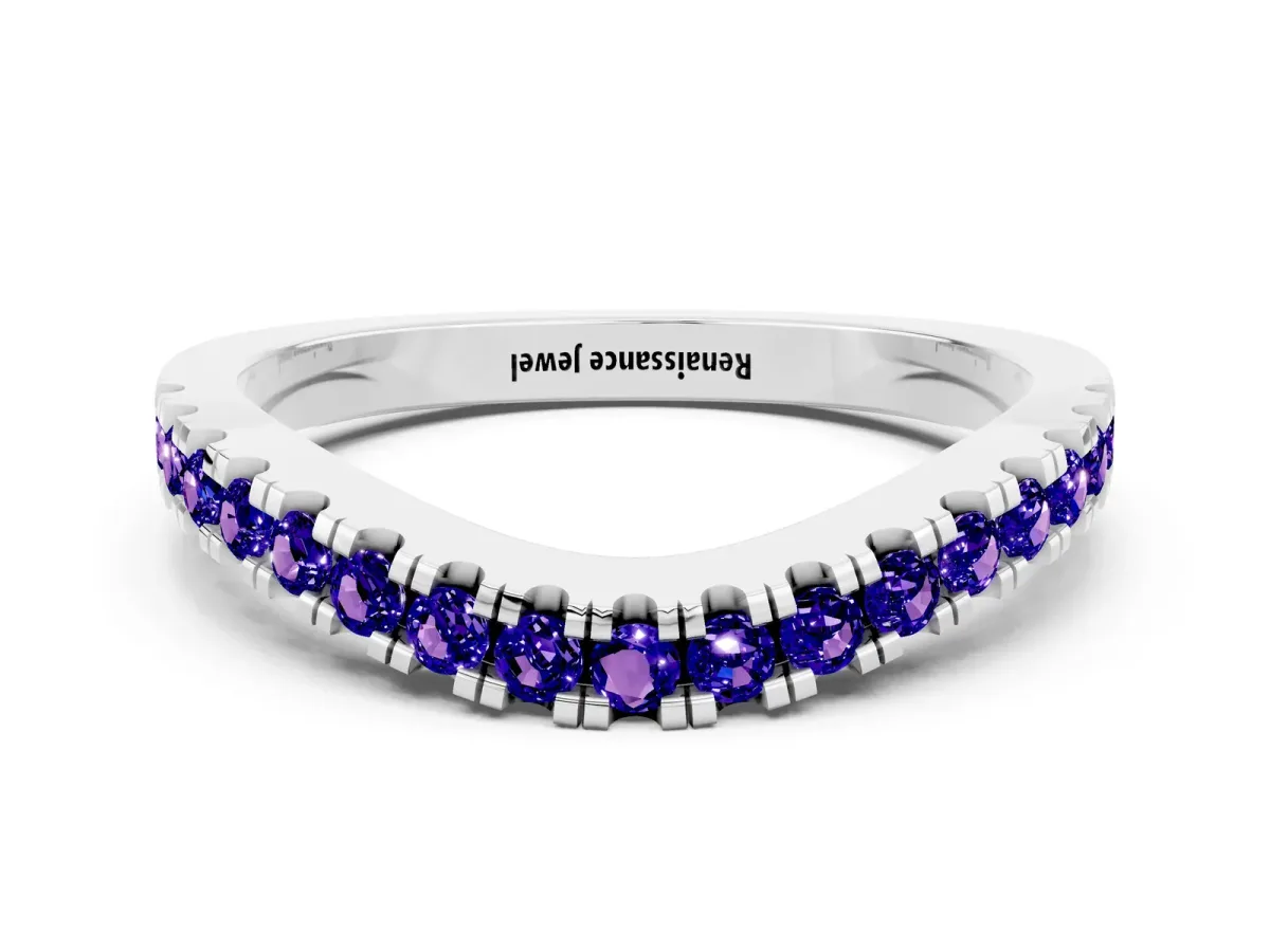 Round Tanzanite Pavé Curved Band with Shared Prong Setting Platinum