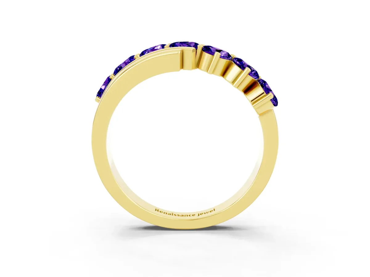 Round Tanzanite Wave Band with Channel and Shared Prong Setting Yellow gold