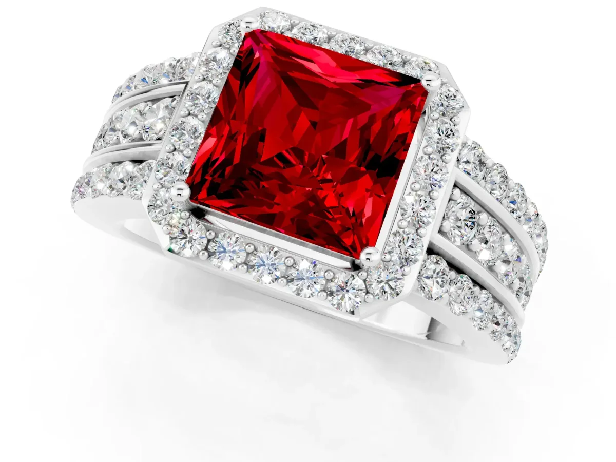 Princess Cut Halo Ruby Ring with Round Split Shank and Prong Setting White gold