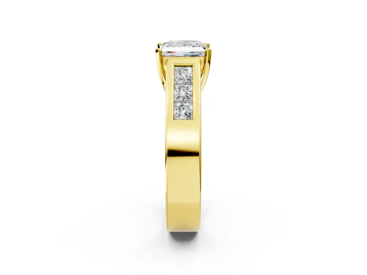 Princess Cut Cut Channel Set Solitaire Ring with Four-Prong Setting Yellow gold