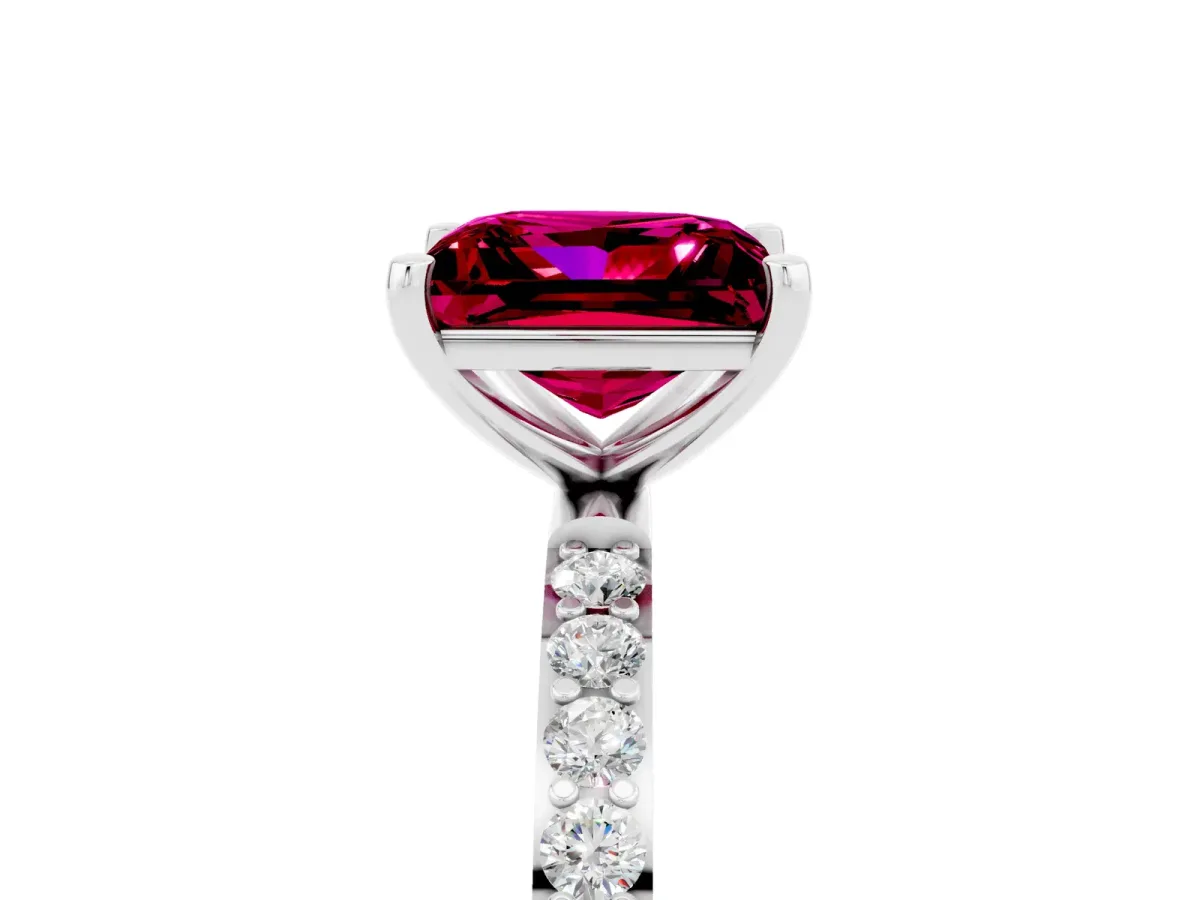 Princess Cut Garnet Solitaire Ring with Round Pavé Band and Prong Setting Silver
