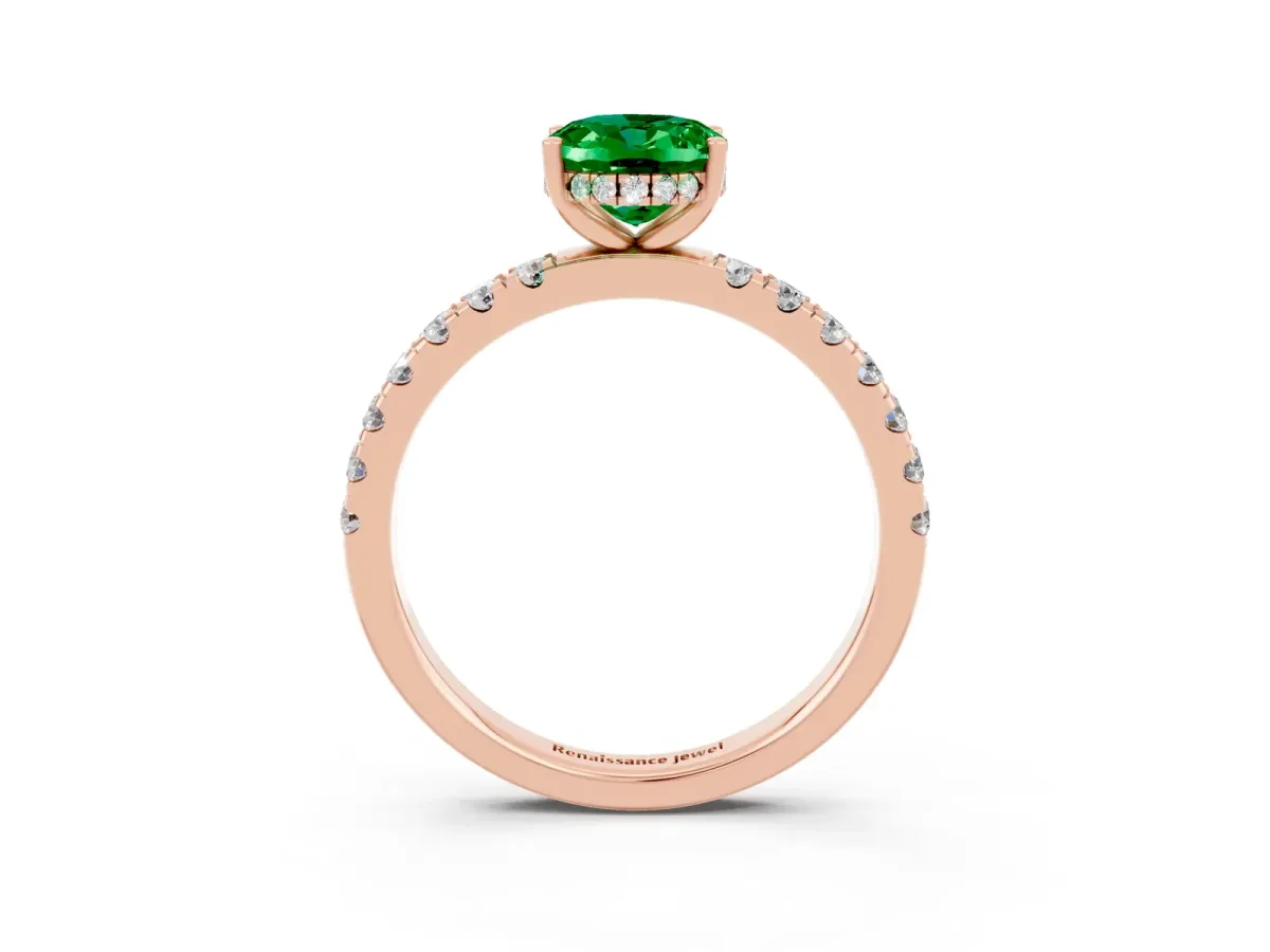 Oval Cut Emerald Pave Band Solitaire Ring with Round and Prong Setting Rose gold