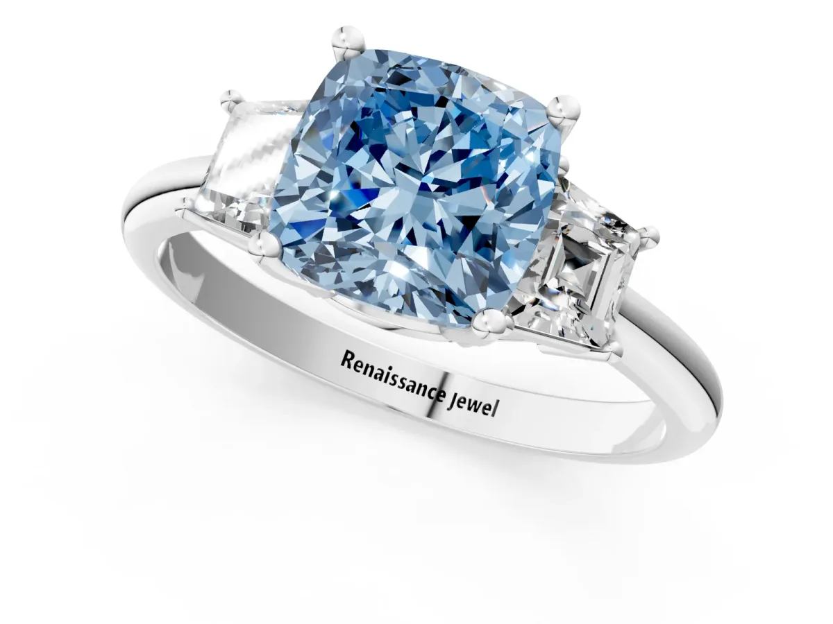 Fancy Blue Cushion Cut Diamond Three-Stone Ring with Trapezoid Side Stones and Prong Setting Platinum