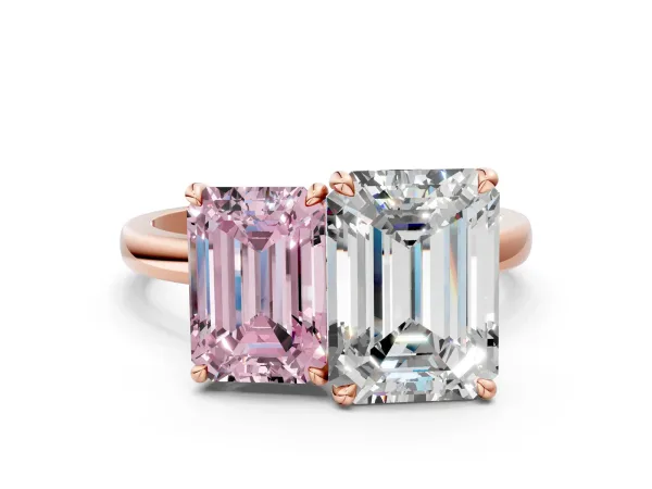 Fancy Pink Emerald Cut and Emerald Cut Toi Moi Ring with Prong Setting Rose gold