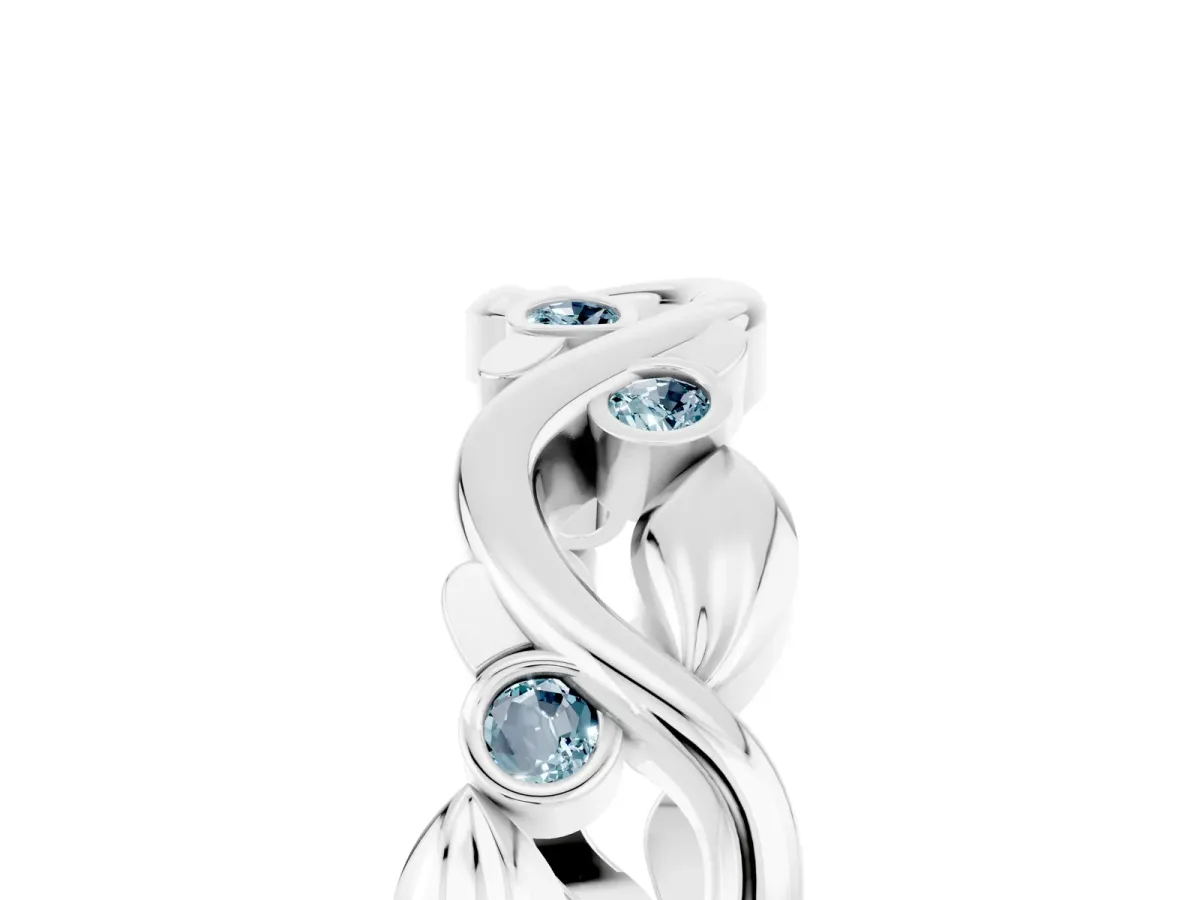 Round Aquamarine Leaf Eternity Band with Bezel Setting White gold
