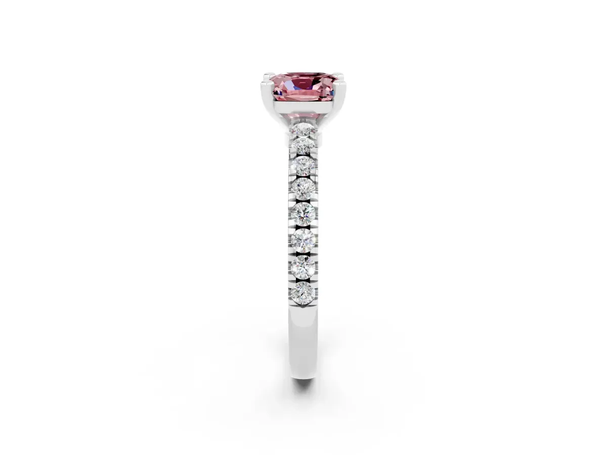 Cushion Cut Solitaire Morganite with Pavé Band and Four-Prong Setting Silver