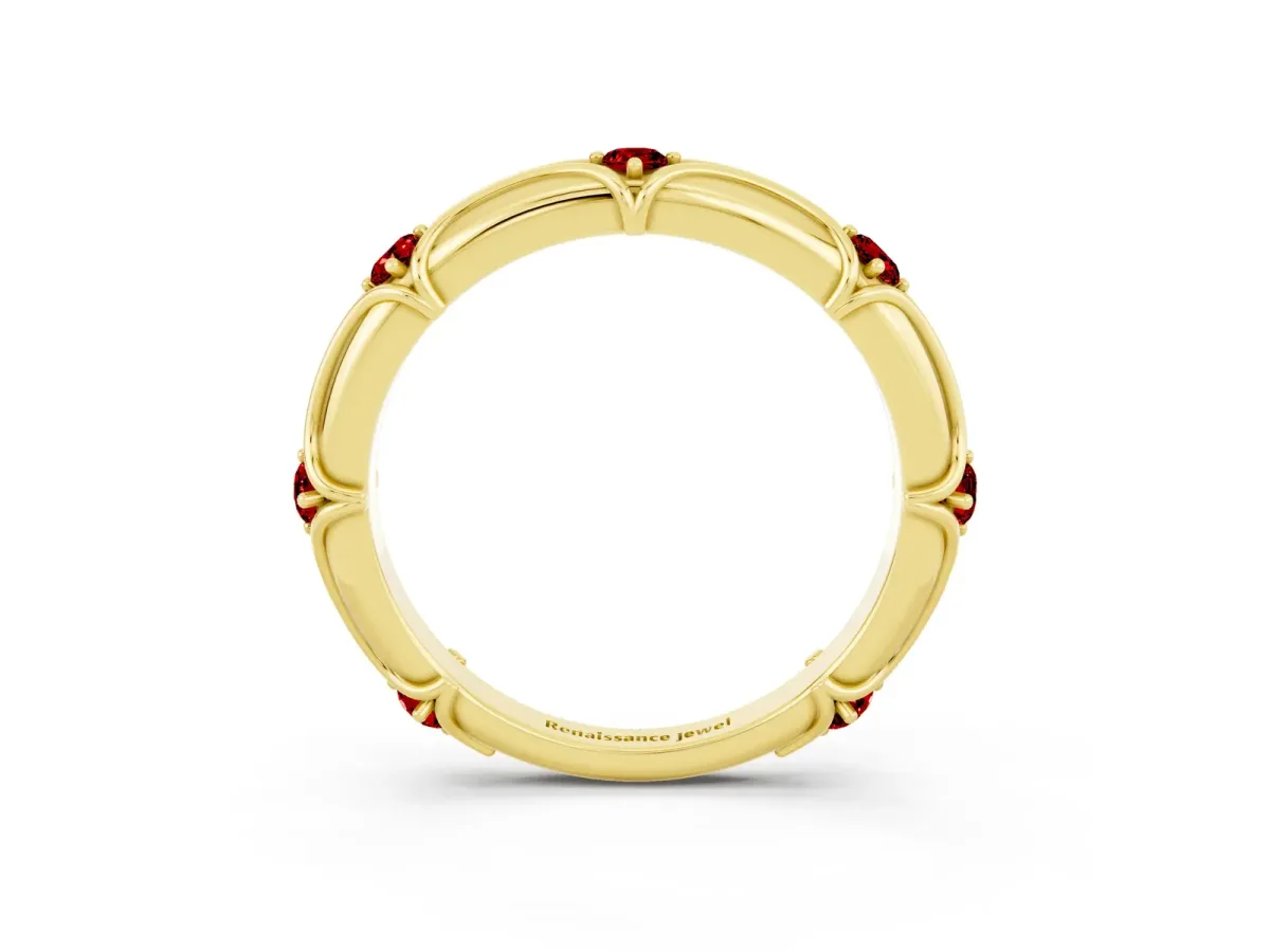 Round Ruby Prong Set Milgrain Eternity Band Yellow gold