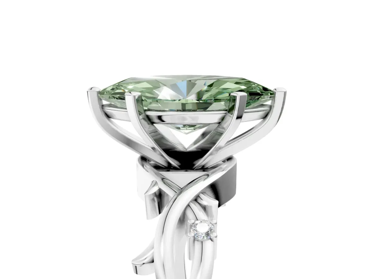 Fancy Green Marquise Cut Diamond Solitaire Ring with Twisted Band and Prong Setting Silver